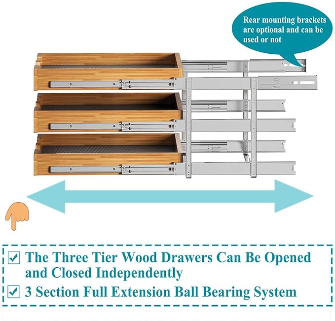 OCG Pull Out Cabinet Drawer 11" W x 21" D, 3 Tier Pull Out Cabinet Organizer - Image 6