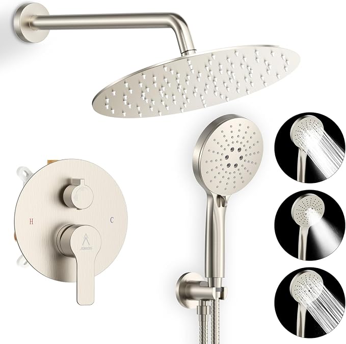 Shower Faucet Set 12IN Brass Rough-In Valve Body Trim Kit Rainfall Included by JQBQS