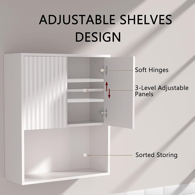 Fluted Bathroom Wall Cabinet Over The Toilet Storage, Wall Mounted Cabinet - Image 4
