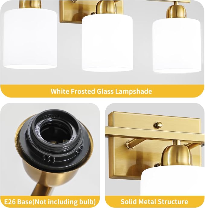 3 Light Gold Bathroom Light Fixtures, Modern Bathroom Vanity Lights - Image 9
