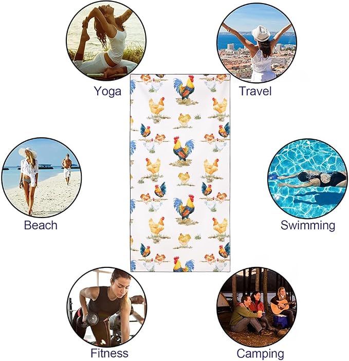 Country Rooster Pattern Beach Towel 36"x72" Quick-Dry Sand-Free Soft Microfiber - Image 4