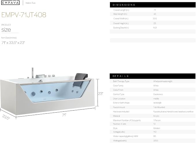 Empava Acrylic Whirlpool Bathtub, 71-Inch Jetted Bathtub - Image 9