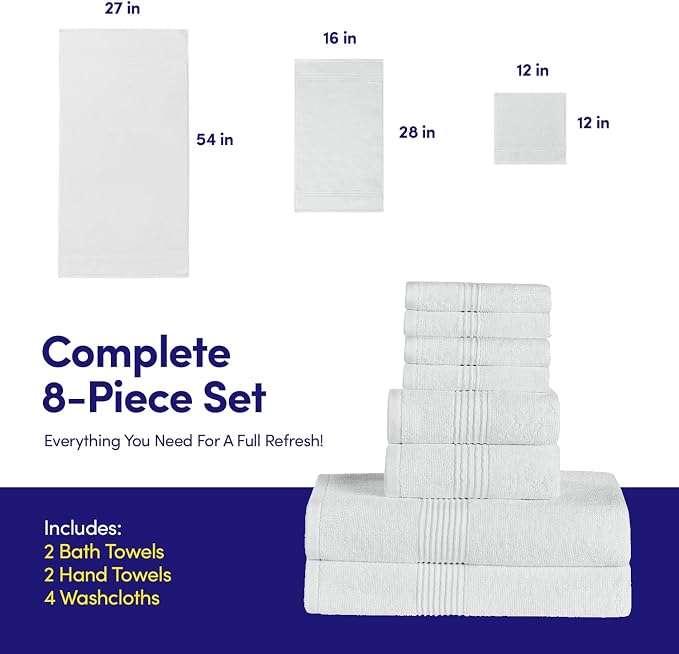 Bath Towels 8 Piece Towel Set – 100% Combed Cotton – Bath + Hand + Washcloths – - Image 2