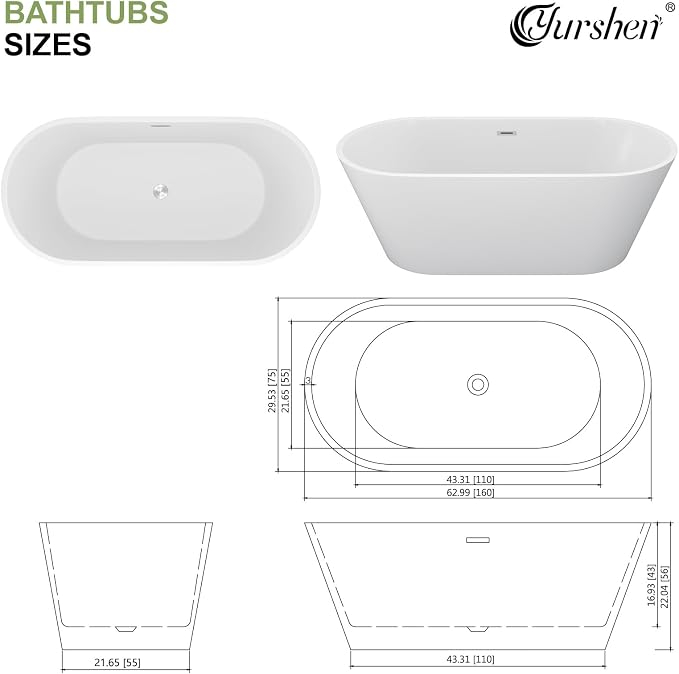 63 Inch Freestanding Bathtub White Acrylic Roll Top Soaking Tub - Image 7