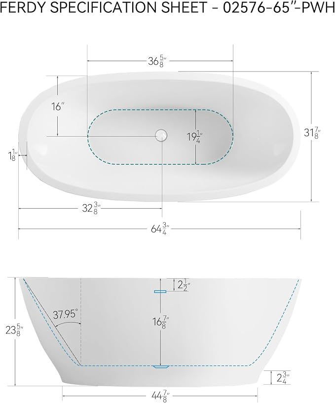 FerdY Koh Samui 65" Freestanding Bathtub, Elegant Oval Shape, Double Walled - Image 7