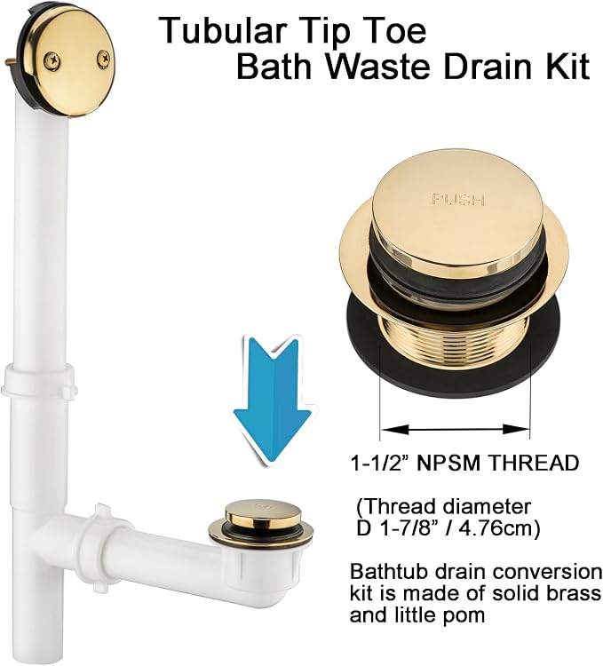 Yariwiz 1-1/2" Golden Bathtub Tub Drain Kit Bath Waste Overflow Drain Tube - Image 3