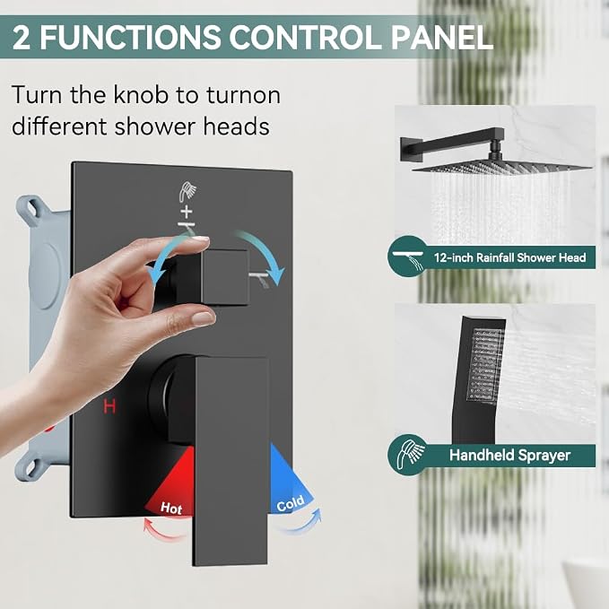 Shower Faucet Set Matte Black Shower System, Starbath 12" Rain Shower Head and - Image 3