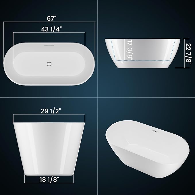 67 Inch Freestanding Acrylic Bathtub, Modern Soaking Tub - Image 2