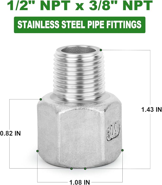 TAISHER 5PCS 304 Stainless Steel Pipe Fitting, 3/8" Male NPTx 1/2" Female NPT - Image 2