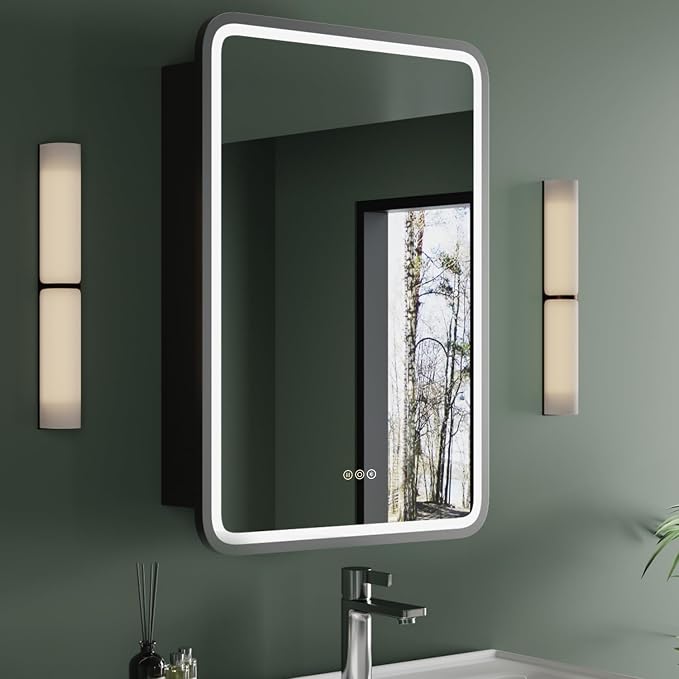 Medicine Cabinet with LED Lights and Mirror, 28 x 20 Inch Wall or Recessed by HBEZON