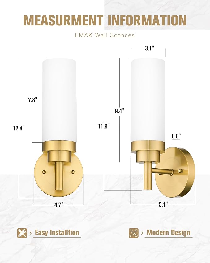 Emak Wall Sconces Set of 2, Modern Brushed Gold Bathroom Vanity Sconce Wall - Image 4