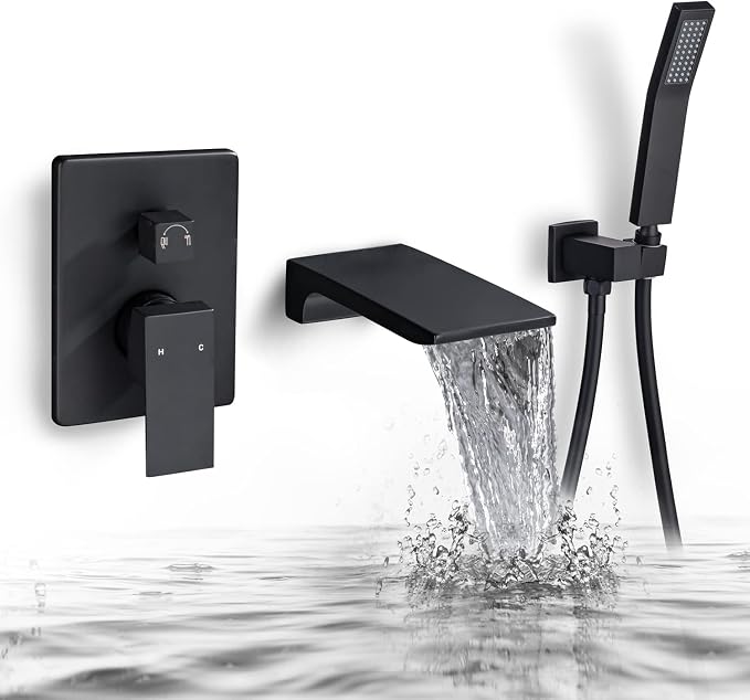 Roman Tub Filler Faucet with Waterfall Spout Wall Mounted Single Handle Bathtub - Image 9
