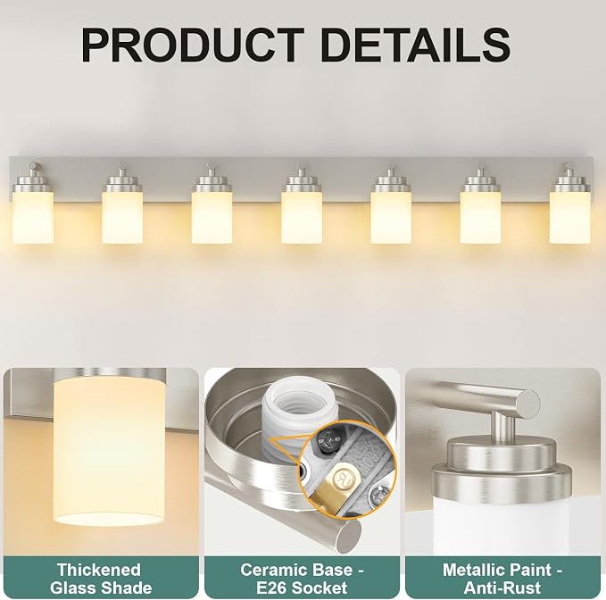 IZORRO Bathroom Vanity Light Fixture, 7-Light 51 Inch Brushed Nickel Bathroom - Image 3
