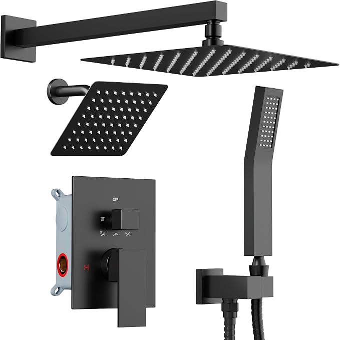 Shower Faucet Set Matte Black Shower System, STARBATH 12+6" Dual Rain Shower by STARBATH
