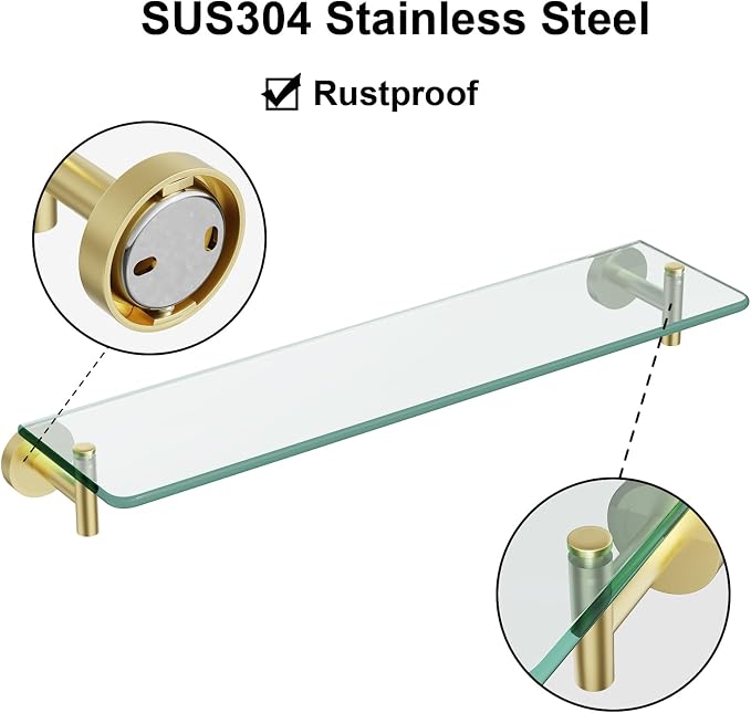 Glass Shelves for Bathroom, 20-Inch Brushed Gold Floating Bathroom Shelf - Image 5