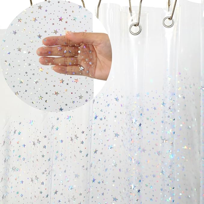 Holographic Thin 3D EVA Shower Curtain Liner Glitter Star, 72x72 Premium Light by ZEMAHOME