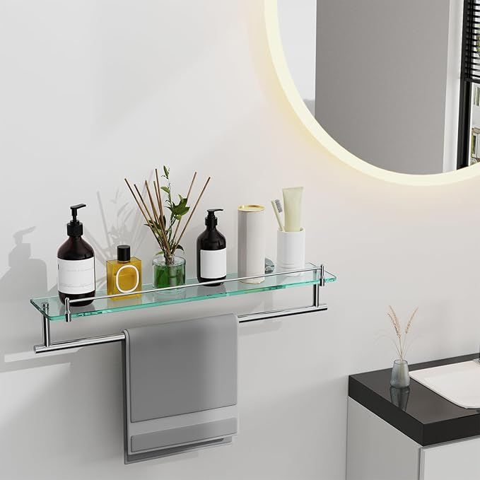 24-Inch Towel Rack with Shelves Tempered Glass Bathroom Shelves with Bar - Image 2