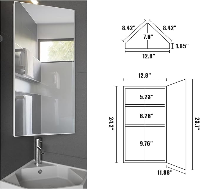 eclife 24" Bathroom Corner Medicine Cabinet W/Mirror, Single Door Bathroom - Image 3
