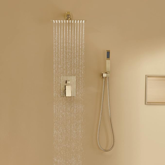 Rain Shower System 12 Inches Shower Combo Set Brushed Gold Wall Mount Faucet - Image 4