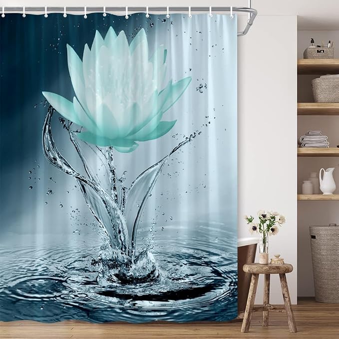 Lotus Shower Curtain Black White Teal Flower Elegant Blooming Floral by showercurtain