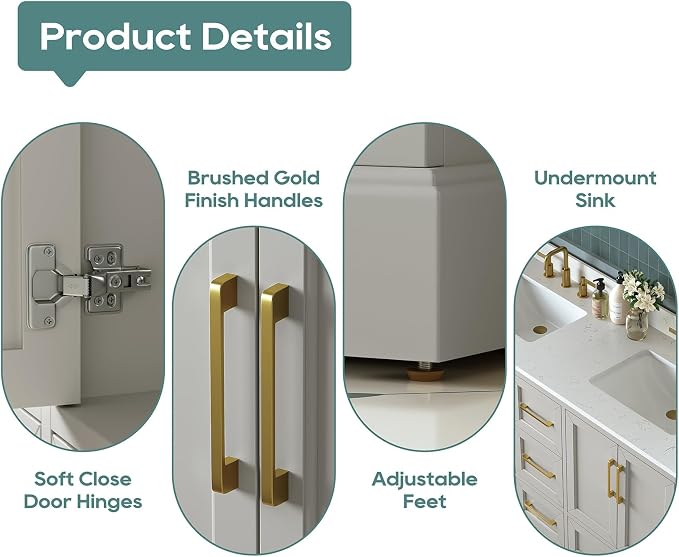 60 Inch Bathroom Vanity with Double Sink Combo, Solid Wood Frame with Mable Top - Image 7