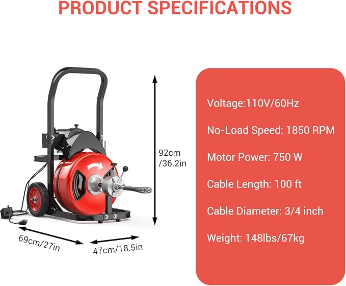 Electric Drain Cleaning Machine 100Ft 3/4 Inch, 750W Auto Feed Portable Sewer - Image 2