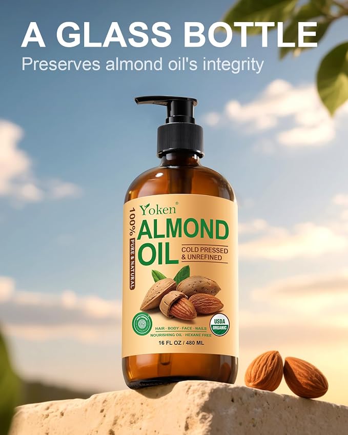 Organic Almond Oil 16 fl oz, USDA 100% Pure Cold Pressed Almond Oils in Glass - Image 6