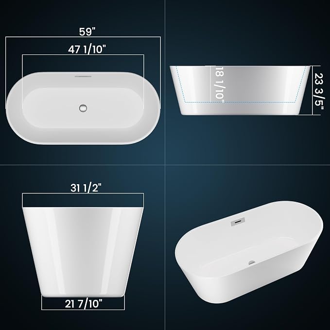 59" Free Standing Tub, Acrylic Soaking Bathtub, Stand Alone Freestanding Tub - Image 3