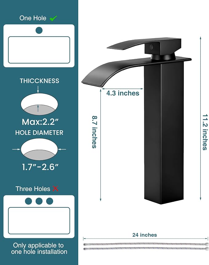 LIFG Matte Black Vessel Sink Faucet, Tall Waterfall Bathroom Faucet, Single - Image 4