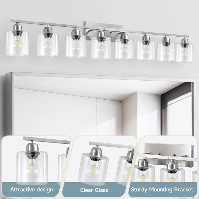 Modern Brushed Nickel 8 Light Bathroom Light Fixtures, 52 inch Vanity Lights - Image 3