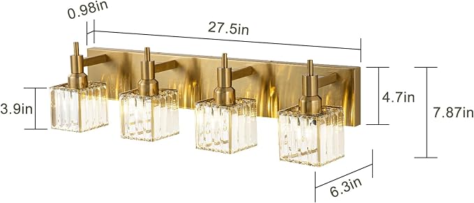 Gold Bathroom Light Fixtures, 4-Lights Crystal Bathroom Vanity Light Over - Image 4