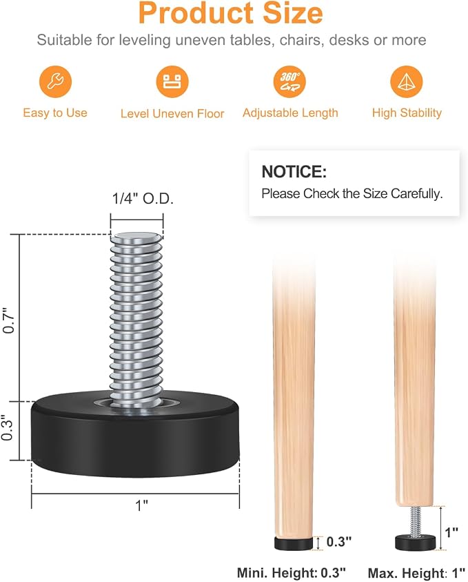 12 PCS Leveling Feet, 1/4-Inch 20-UNC Adjustable Leveler, Fits Small DIY - Image 3