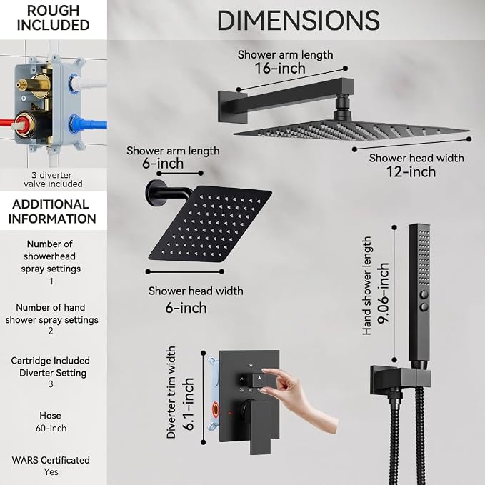 Thermostatic Shower System Matte Black, STARBATH Shower Faucets Sets 12+ 6" - Image 5