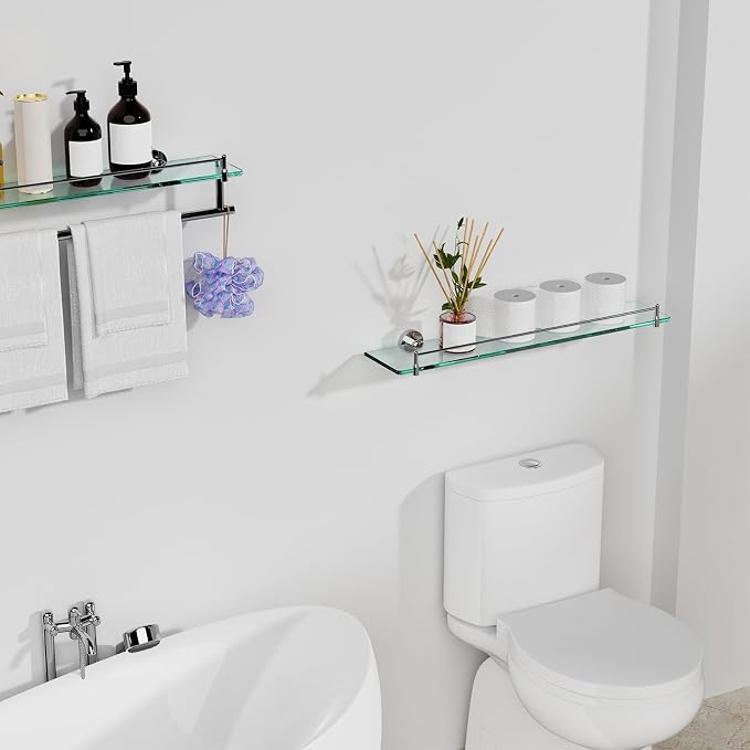 24 Inch Glass Bathroom Shelves, Chrome Polished Floating Shelves - Image 2
