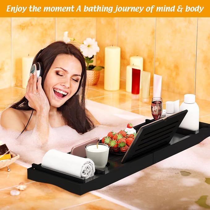 Bamboo Bathtub Tray for Luxury Bathroom, Expandable Premium Bath Tray w/Soap - Image 4