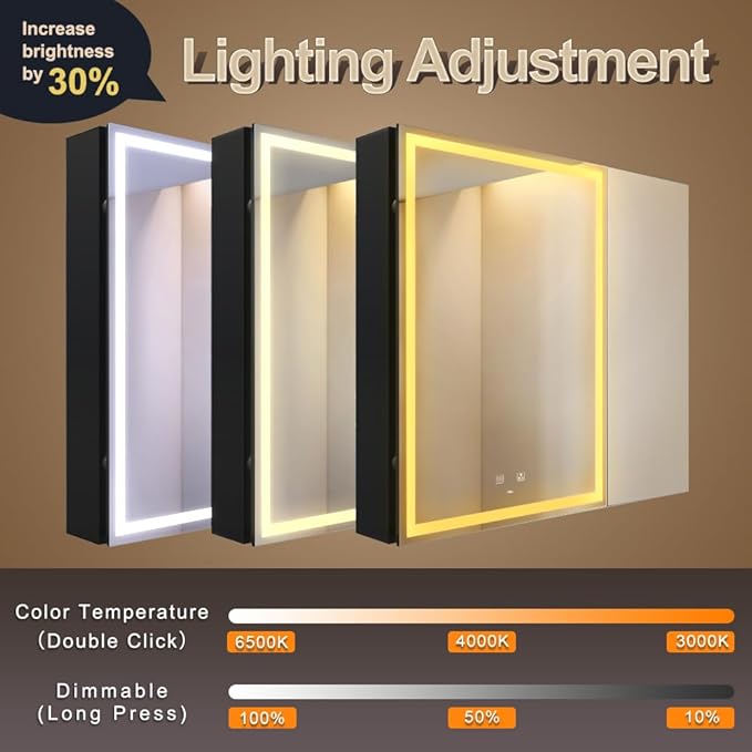 KWW 30 x 28 Inch Double Doors LED Lighted Bathroom Medicine Cabinet, 3 Color - Image 3