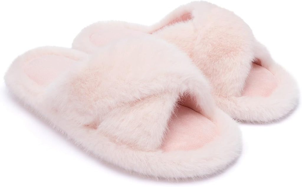 Chantomoo Womens Slippers Memory Foam Fuzzy Cross Band Faux Fur Slippers by Chantomoo