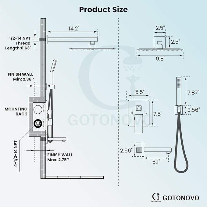 gotonovo Shower System with Tub Spout Wall Mounted Rain Shower Head and Handle - Image 4
