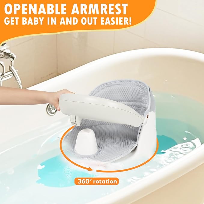 Swivel Baby Bath Seat, Openable Armrest and 360° Rotatable Baby Bath Seat - Image 4