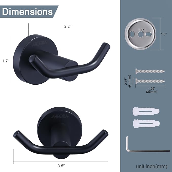 ARCORA Black Towel Hooks, SUS 304 Stainless Steel Wall Hooks, Heavy Duty Robe - Image 6