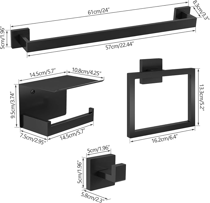 10-Piece Matte Black Bathroom Hardware Accessories Set, 24 inch Towel Bar - Image 7