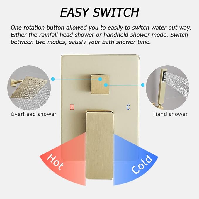 Brushed Gold Shower System, 8 Inch High Pressure Rain Shower - Image 6
