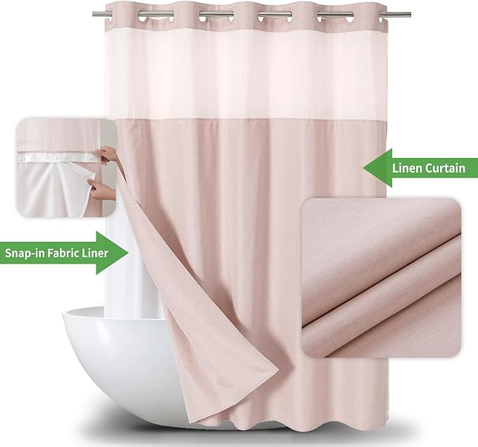 Long No Hooks Needed Linen Textured Shower Curtain - Image 2