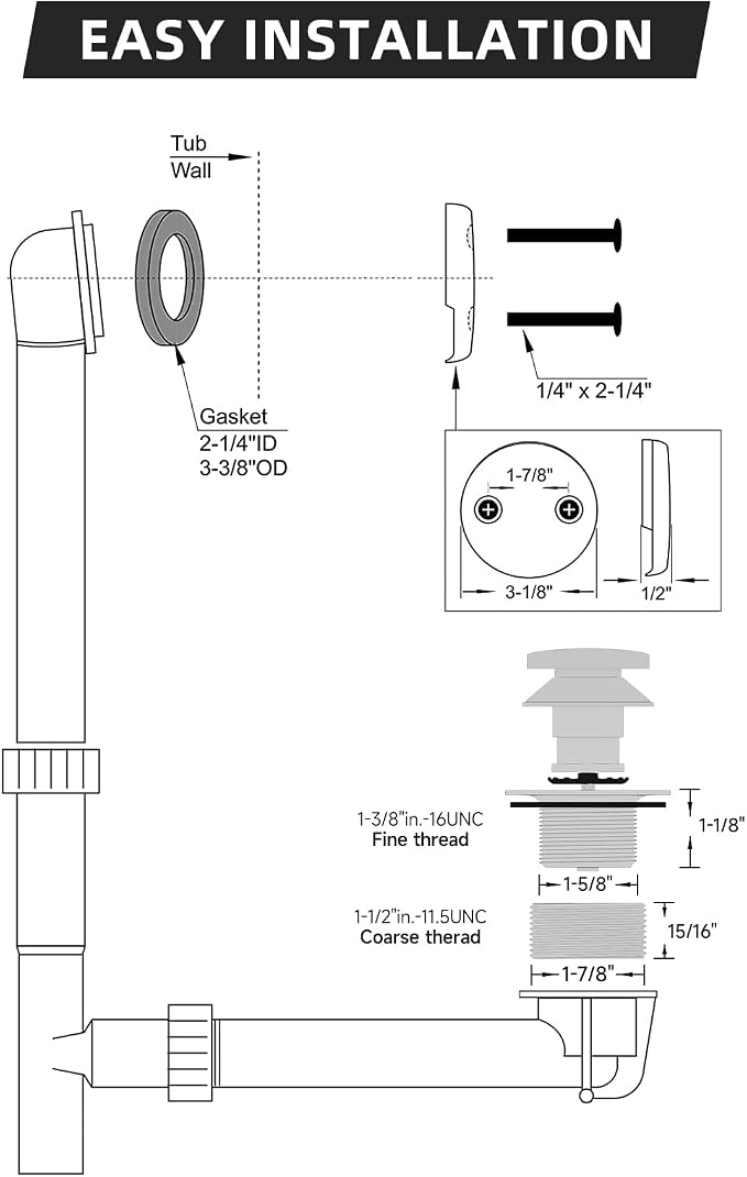 Tub Drain Kit, Tip-Toe Bathtub Drains and Overflow Kit, Bathroom Bath Tub Drain - Image 6