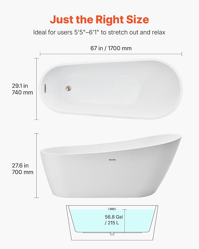 VEVOR Acrylic Freestanding Bathtub, 67 Inch Contemporary Soaking White Tub - Image 2