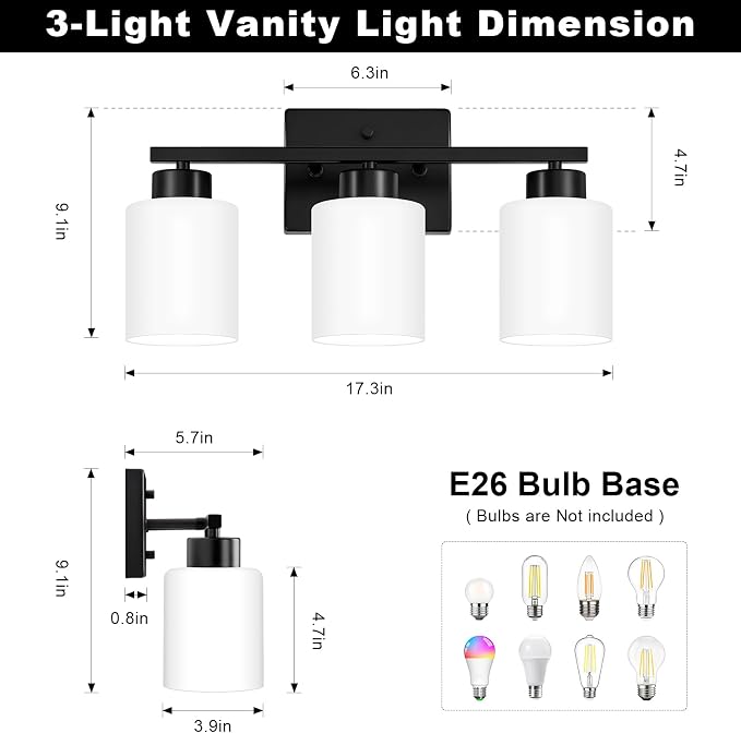 Black Bathroom Light Fixtures, 3-Light Modern Vanity Light Over Mirror - Image 2
