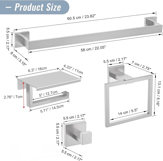 YACVCL 5 Pieces Brushed Nickel Bathroom Accessorie Set 23.6 Inch Towel Bar Set - Image 6