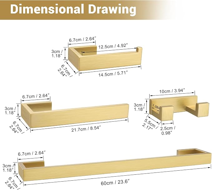 Brushed Gold Bathroom Hardware Set, 4-Piece Bath Towel Bar Set SUS304 Stainless - Image 6