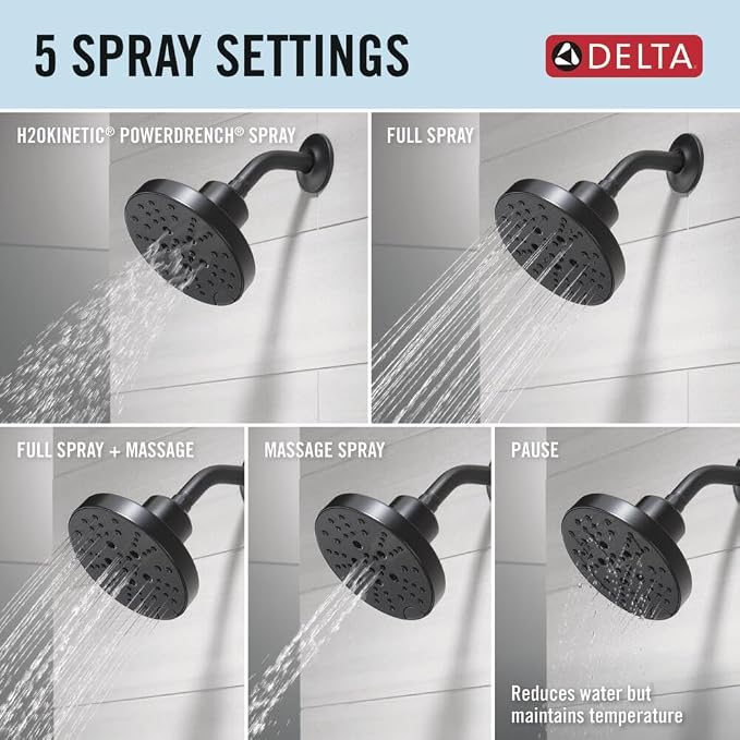 Delta Nicoli 14 Series H2Okinetic Shower Faucet Set, Matte Black Shower Head - Image 6