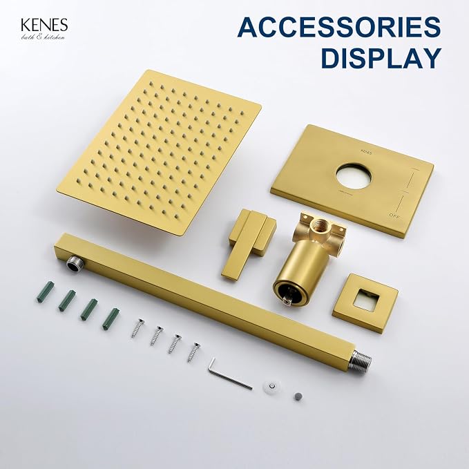 KENES Brushed Gold Shower Faucet, Modern Square 10-Inch Shower Head and Handle - Image 8